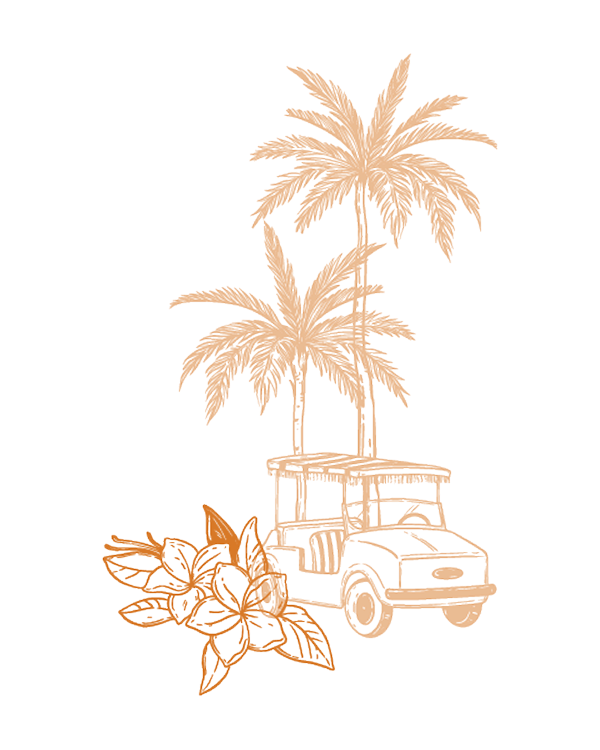 Icon of palm trees, a tropical flower, and a beach jeep representing a luxury three-night stay at a 5-star hotel in Palm Beach, Florida.